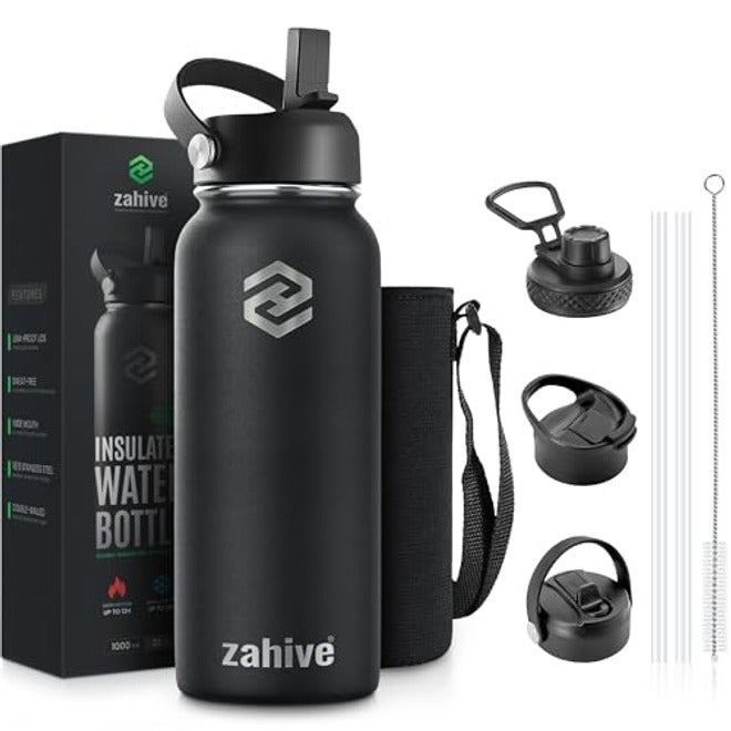 Zahive 1L Insulated Stainless Steel Water Bottle with 3 Lids & Bag - Leak-Proof Flask for Hot & Cold Drinks