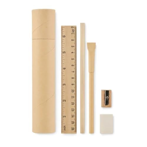 Giftana Eco Friendly Stationery Box for Students, Bamboo Pencil, Pen, Eraser, Scale (Ruler) and Wooden Sharpener with Reusable Tube Box for Office & School, Eco Stationery Gift Set for Employee - Image 1