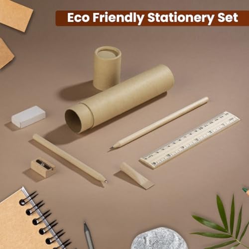 Giftana Eco Friendly Stationery Box for Students, Bamboo Pencil, Pen, Eraser, Scale (Ruler) and Wooden Sharpener with Reusable Tube Box for Office & School, Eco Stationery Gift Set for Employee - Image 2