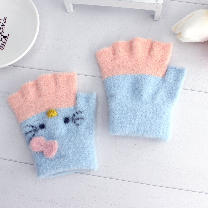 Cute Cartoon Cat Kids Fingerless Gloves Warm Fleece charm red  - Image 4