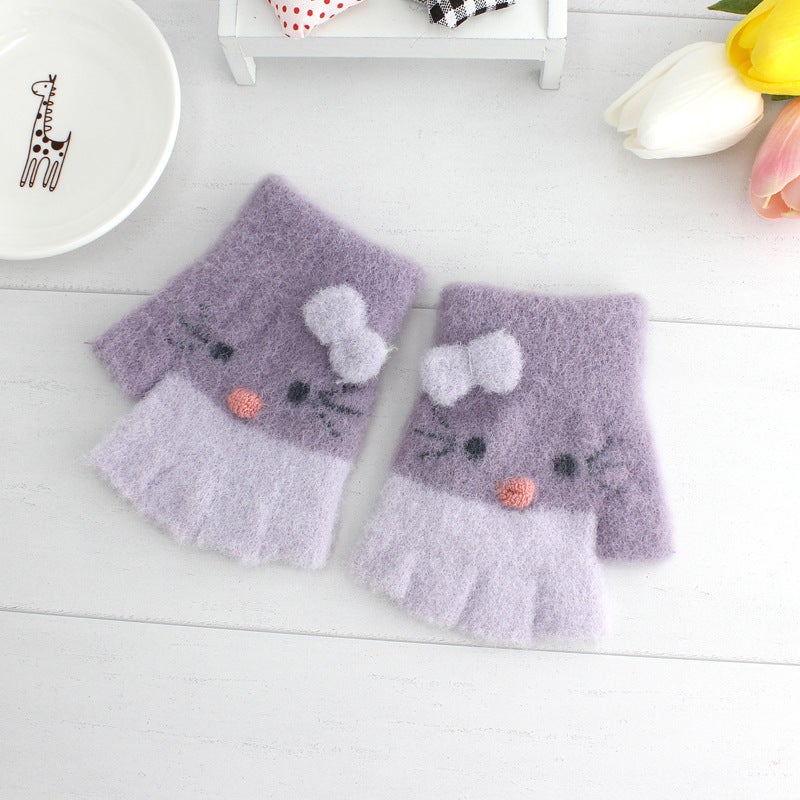 Cute Cartoon Cat Kids Fingerless Gloves Warm Fleece charm red  - Image 2