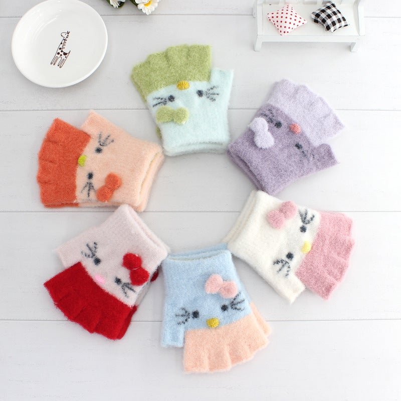 Cute Cartoon Cat Kids Fingerless Gloves Warm Fleece charm red  - Image 3