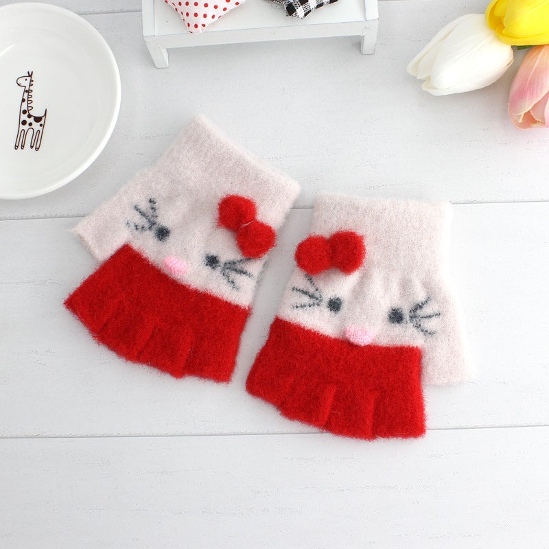Cute Cartoon Cat Kids Fingerless Gloves Warm Fleece charm red  - Image 1