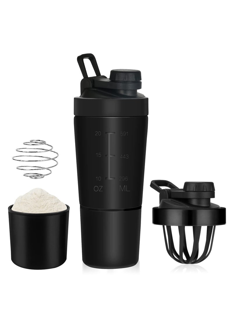 KOWVOWZ Protein Shaker, Stainless Steel Shaker Bottle, Leak-Proof Protein Shaker Bottle with Scale Powder Compartment for Fitness Hiking Cycling(600 + 200 ml) - Image 1