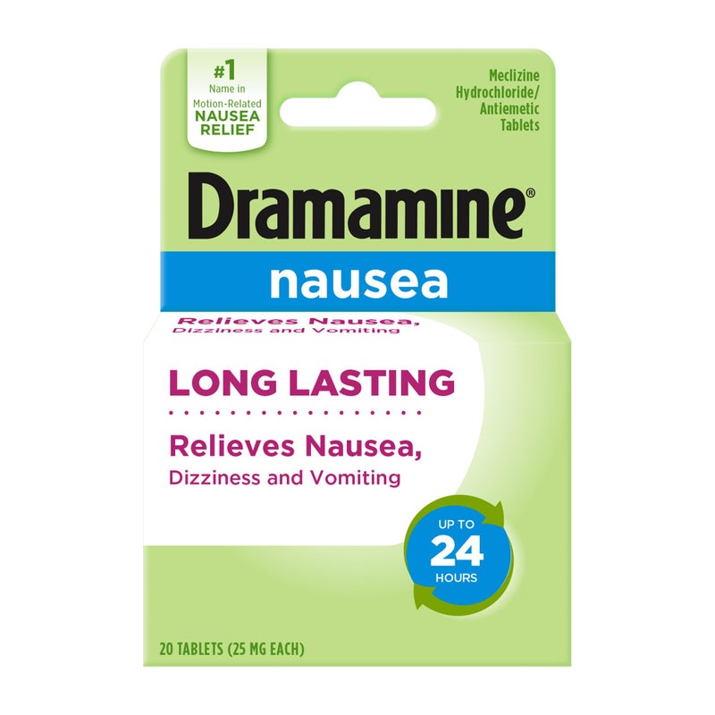 Dramamine Nausea Relief with Meclizine HCl for LongLasting Relief of Nausea Vomiting Dizziness 20 Tablets