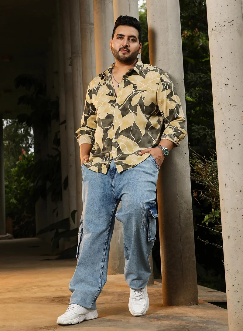 Instafab Plus Instafab Plus Men's Green & Yellow Artistic-Foliage Lined Imrprint Shirt | Spread Collar , Long Sleeves , Button Closure , Curved Hemline | Botanical-Print Plain Polyester For Street & Casual Wear