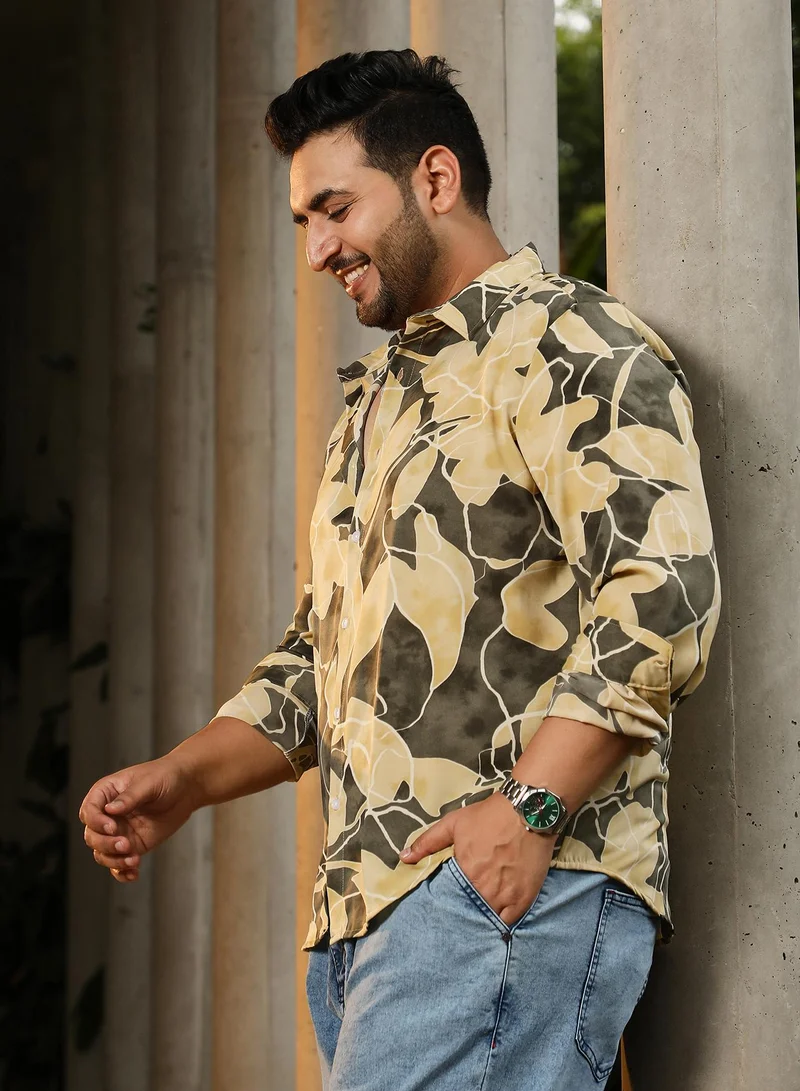 Instafab Plus Instafab Plus Men's Green & Yellow Artistic-Foliage Lined Imrprint Shirt | Spread Collar , Long Sleeves , Button Closure , Curved Hemline | Botanical-Print Plain Polyester For Street & Casual Wear