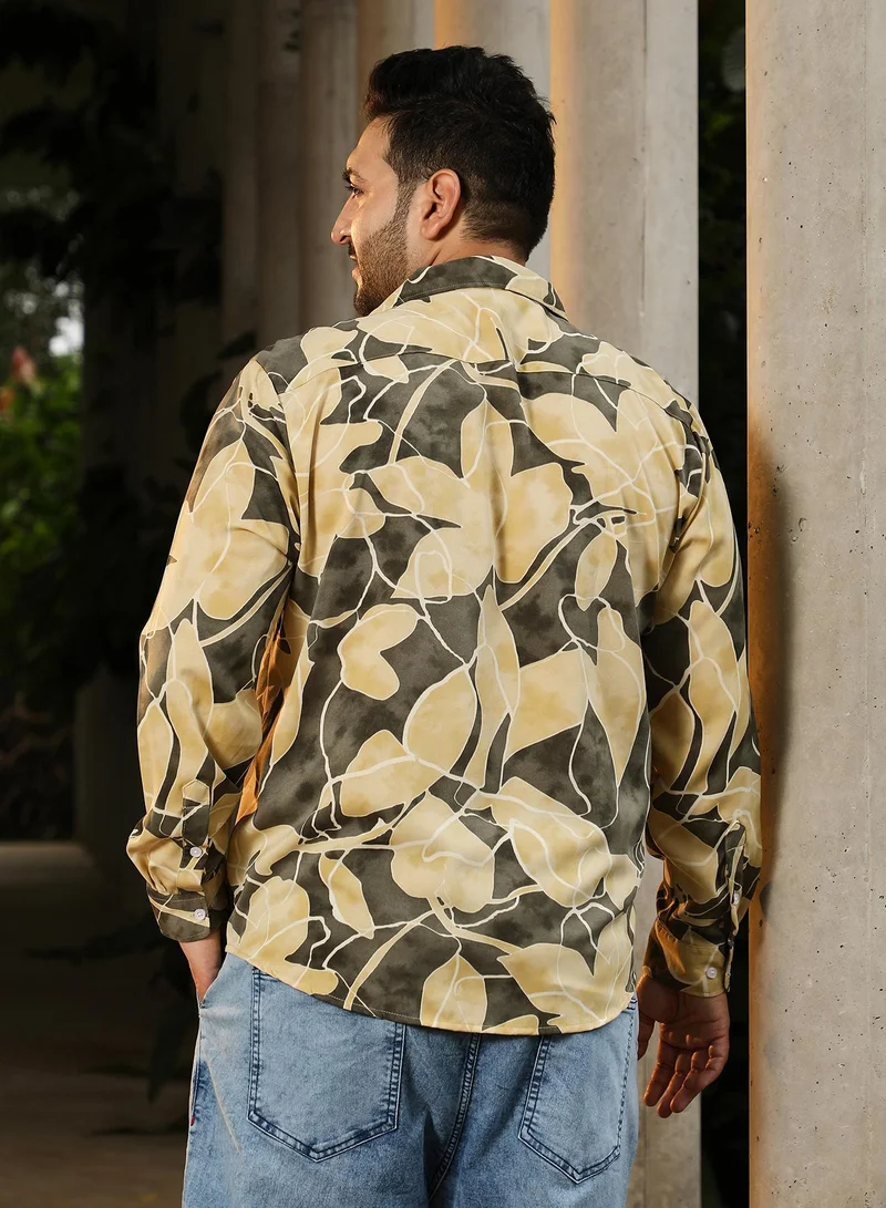 Instafab Plus Instafab Plus Men's Green & Yellow Artistic-Foliage Lined Imrprint Shirt | Spread Collar , Long Sleeves , Button Closure , Curved Hemline | Botanical-Print Plain Polyester For Street & Casual Wear