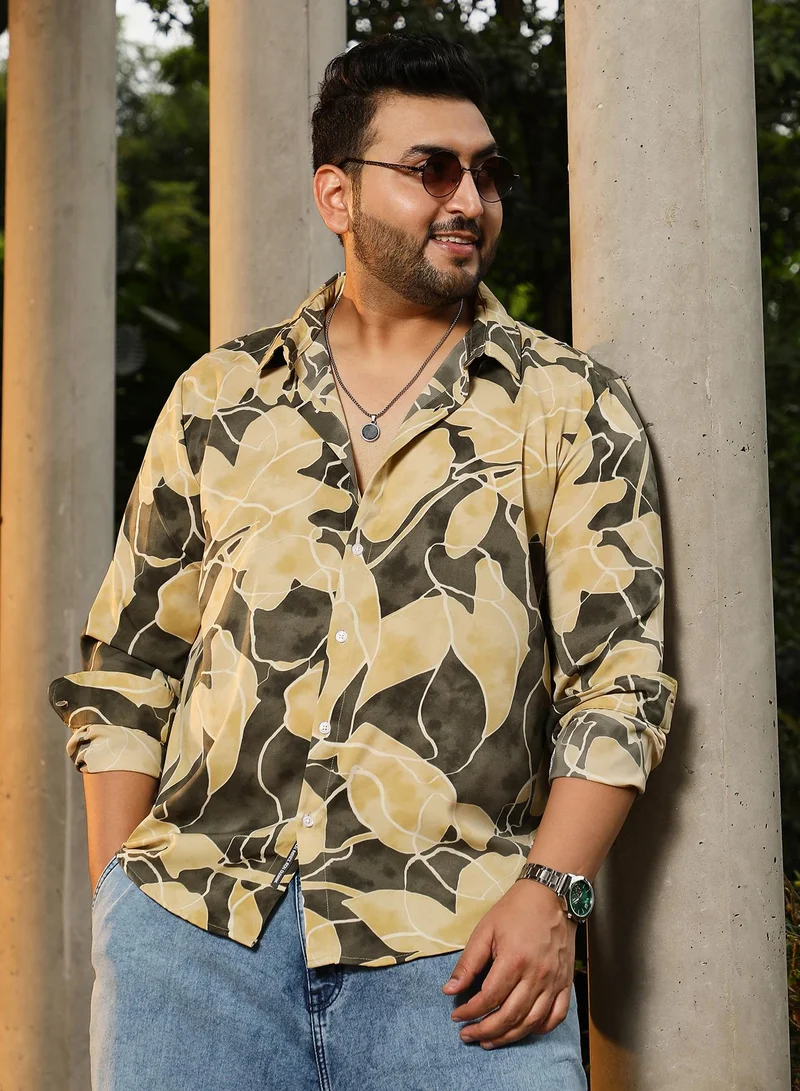 انستافاب بلس Instafab Plus Men's Green & Yellow Artistic-Foliage Lined Imrprint Shirt | Spread Collar , Long Sleeves , Button Closure , Curved Hemline | Botanical-Print Plain Polyester For Street & Casual Wear