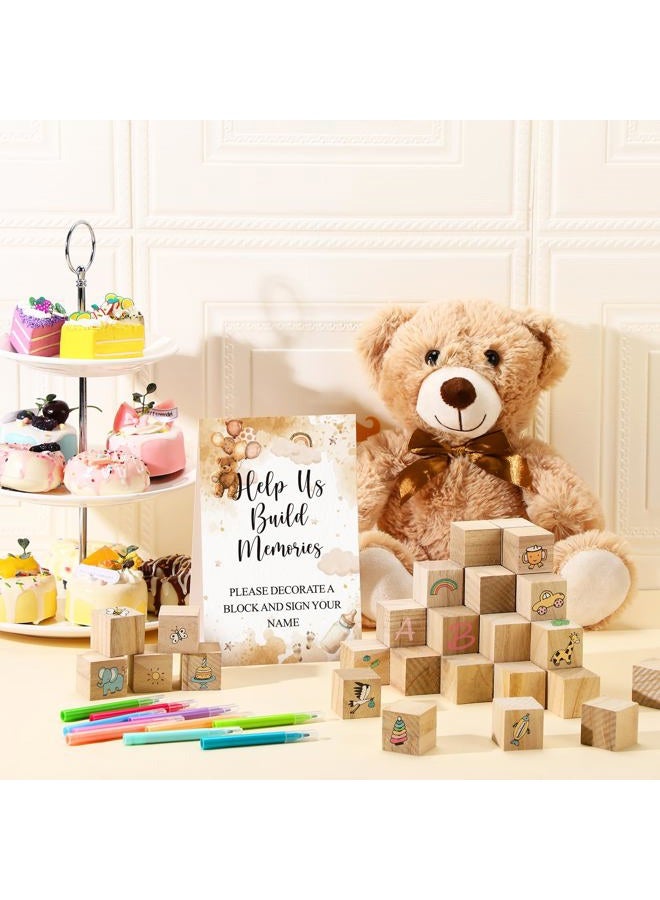 Dinifee 125 Pcs Baby Shower Decorate a Block Game Set Includes Help Us Build Memories Sign 100 DIY Blank Wooden Block 24 Paint Marker Prize for Wedding Baby Shower Game(Brown Bear) - Image 4