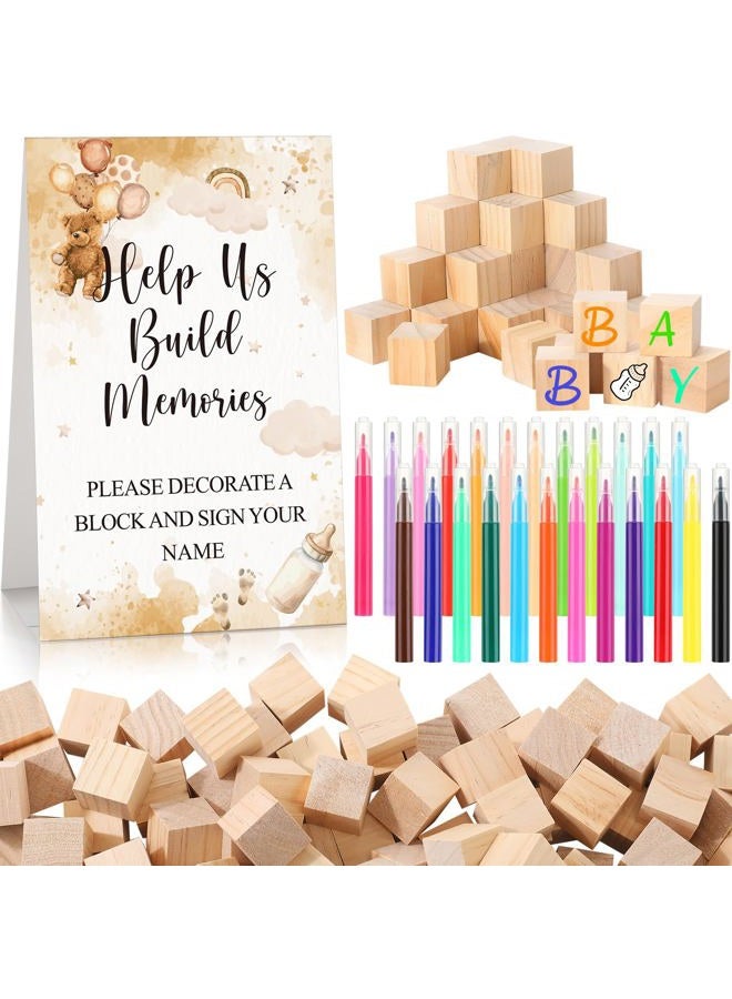 Dinifee 125 Pcs Baby Shower Decorate a Block Game Set Includes Help Us Build Memories Sign 100 DIY Blank Wooden Block 24 Paint Marker Prize for Wedding Baby Shower Game(Brown Bear) - Image 1