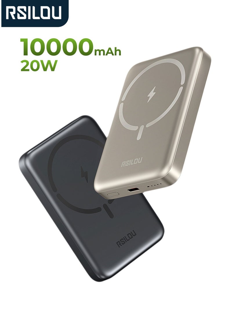 RSILOU - R1024 10000mAh Magnetic Metal Wireless Power Bank, MagSafe | 20W PD Fast Charging Portable Charger | Strong Magnetic Wireless & Wired Charging | Compact Airline-Friendly Battery Pack (Silver) - Image 1