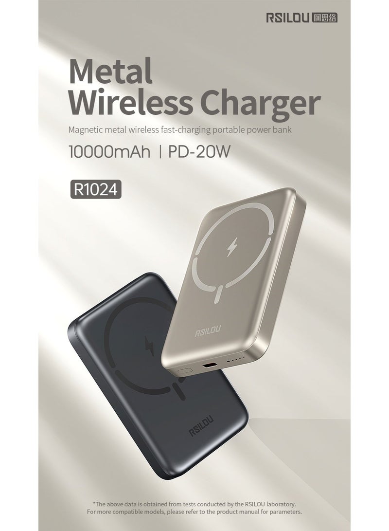 RSILOU - R1024 10000mAh Magnetic Metal Wireless Power Bank, MagSafe | 20W PD Fast Charging Portable Charger | Strong Magnetic Wireless & Wired Charging | Compact Airline-Friendly Battery Pack (Silver) - Image 4