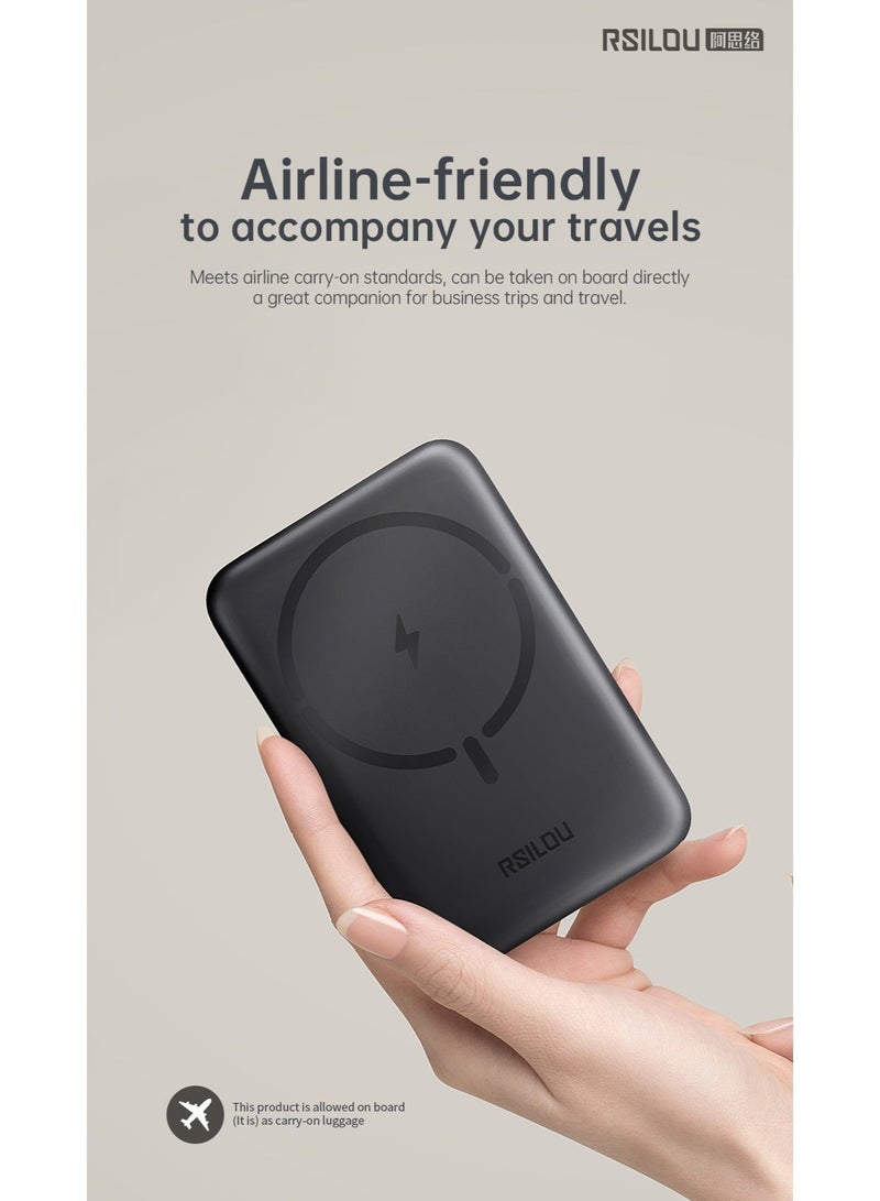 RSILOU - R1024 10000mAh Magnetic Metal Wireless Power Bank, MagSafe | 20W PD Fast Charging Portable Charger | Strong Magnetic Wireless & Wired Charging | Compact Airline-Friendly Battery Pack (Silver) - Image 2