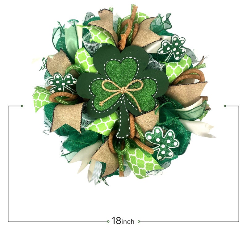 Bibelot St.Patrick's Day Wreath for Front Door, 18 inch Irish St Patrick's Day Green Mesh Wreath with Clover Ribbon, Spring Wreaths for Front Door Farmhouse Wall Decor - Image 3