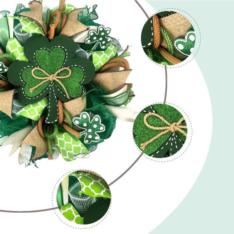 Bibelot St.Patrick's Day Wreath for Front Door, 18 inch Irish St Patrick's Day Green Mesh Wreath with Clover Ribbon, Spring Wreaths for Front Door Farmhouse Wall Decor - Image 2