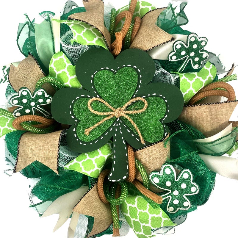 Bibelot St.Patrick's Day Wreath for Front Door, 18 inch Irish St Patrick's Day Green Mesh Wreath with Clover Ribbon, Spring Wreaths for Front Door Farmhouse Wall Decor - Image 1