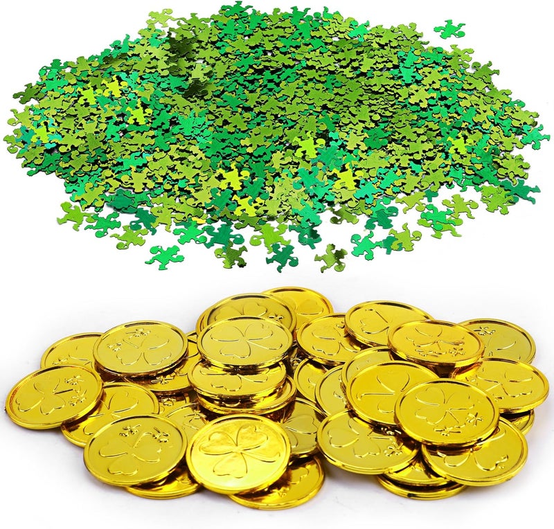 Konsait St Patricks Day Decorations StPatrick Shamrocks and Leprechauns Foil Table Confetti About 400Pcs Lucky Shamrock Plastic Coins 40Pkg for Saint Patrick Party Decoration Favors Supplies - Image 1