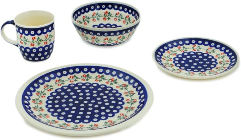 Polmedia Polish Pottery Authentic Polish Pottery 5 PC Place Setting in Peachy Peacock Design Handmade in Bolesawiec Poland  Certificate of Authenticity  - Image 2