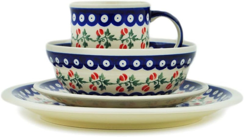 Polmedia Polish Pottery Authentic Polish Pottery 5 PC Place Setting in Peachy Peacock Design Handmade in Bolesawiec Poland  Certificate of Authenticity  - Image 3