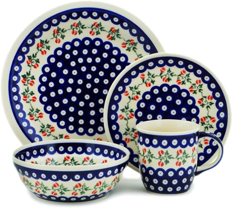 Polmedia Polish Pottery Authentic Polish Pottery 5 PC Place Setting in Peachy Peacock Design Handmade in Bolesawiec Poland  Certificate of Authenticity  - Image 1