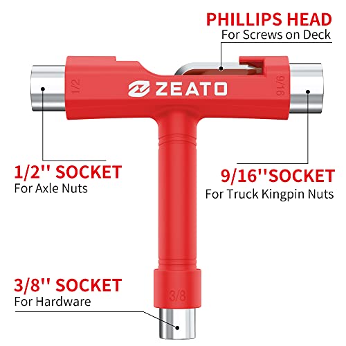 Zeato All-In-One Skate Tools Multi-function Portable Skateboard T Tool Accessory with T-type Allen Key and L-type Phillips Head Wrench Screwdriver - Red - Image 2