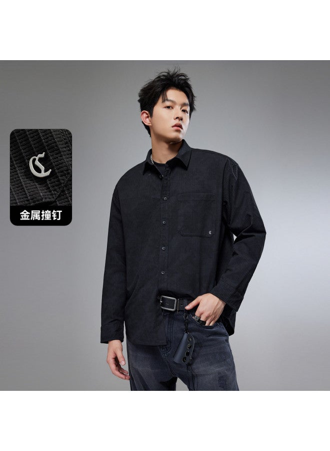 Cabbeen Men's Shirt Imitation Tie-dye Print Jacquard Check Metal Decoration Autumn Long Sleeve Shirt - Image 2