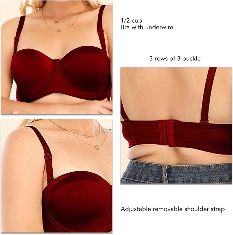 klarako Women Bra Underwire 1/2 Cup T Shirt Bra Push Up Removable Straps Bra Padded Racerback Soft Smoothing Plunging Bra(34D-red) - Image 4
