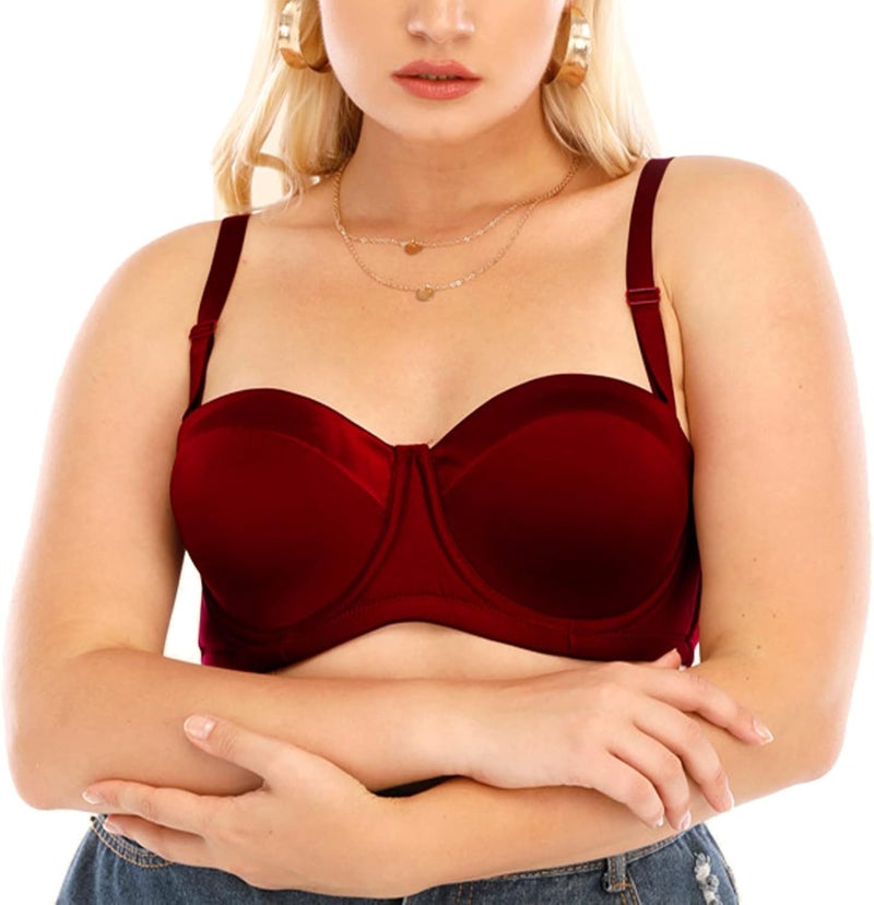 klarako Women Bra Underwire 1/2 Cup T Shirt Bra Push Up Removable Straps Bra Padded Racerback Soft Smoothing Plunging Bra(34D-red) - Image 1