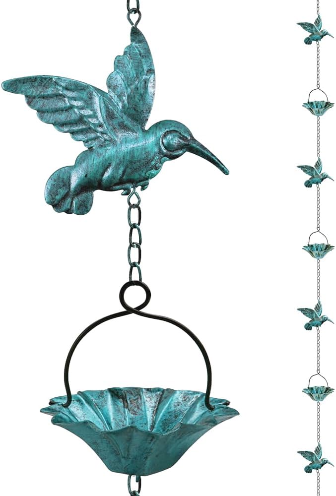 Finphoon 8.5Ft Copper Rain Chains for Gutters,Hummingbird Rain Chain for Gutters Outside,6 Lotus Rain Chain Cupsfor Gutters,Metal Rain Catcher Chain for gutters - Image 1