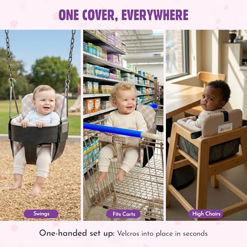 JoSeat Shopping Cart Seat Cover for Baby, High Chair & Grocery Seat Protector, Padded Chair Covers for Restaurant Seats, Unisex Machine Washable Grocery Cart Liner & Swing Insert – Beige Checkered - Image 2