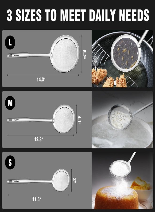 Walfos ملعقة والفوس لإزالة الدهون، مصنوعة من الفولاذ المقاوم للصدأ 304، مزودة بشبكة دقيقة بأحجام 3 و4 و5 بوصات، مصفاة طعام مناسبة لفصل الرغوة والدهون والشحوم، طقم من 3 قطع - Image 4