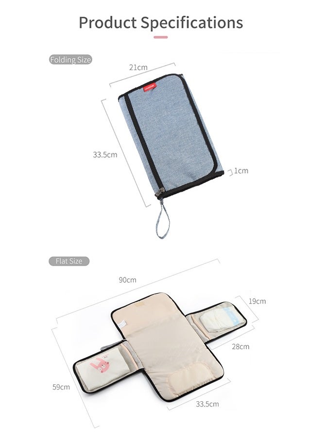 Baby Diaper Changing Pad with Cushioned Pillow and Multiple Pockets, 3 Layers Waterproof, Foldable and Portable Changing Mat for Infants, Blue