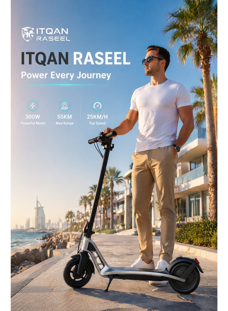 ITQAN RASEEL Portable E scooter、E-bike with an alumin00um alloy body, foldable dual-wheel design, equipped with an eco-friendly lead-acid battery that supports fast charging, 10-inch durable inflatable tires, maximum power of 300 watts, and a load capacity of 120 kg. - Image 2