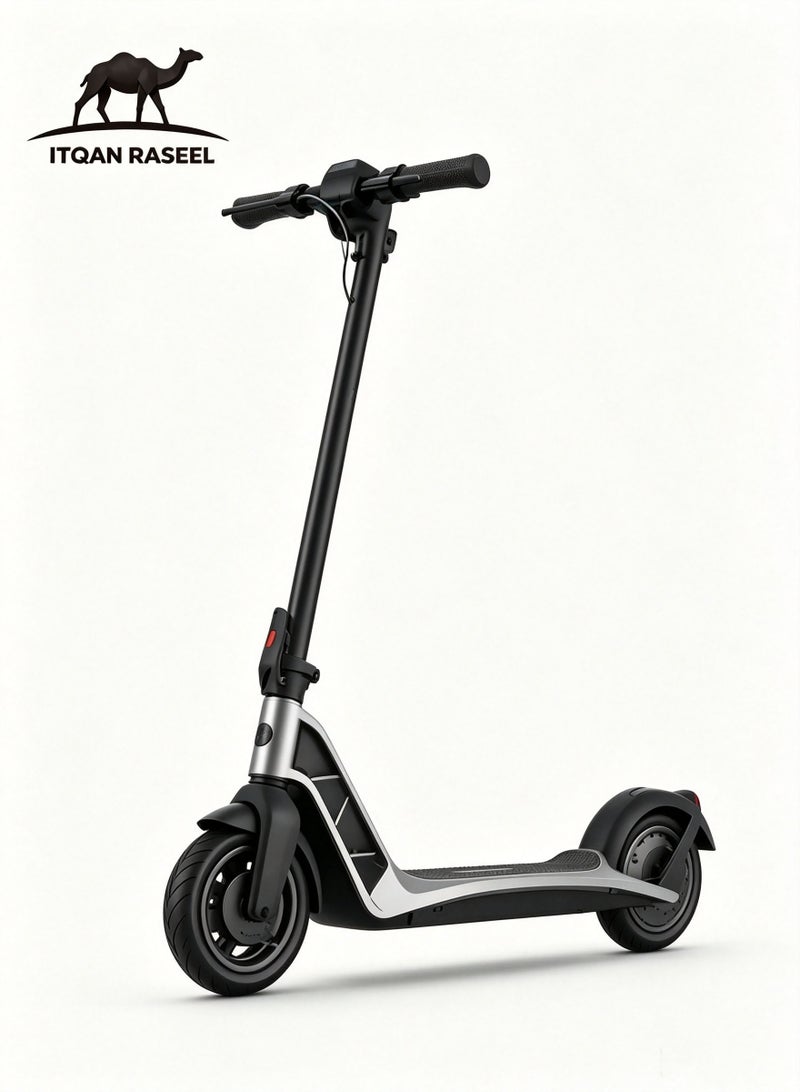 ITQAN RASEEL Portable E scooter、E-bike with an alumin00um alloy body, foldable dual-wheel design, equipped with an eco-friendly lead-acid battery that supports fast charging, 10-inch durable inflatable tires, maximum power of 300 watts, and a load capacity of 120 kg. - Image 1
