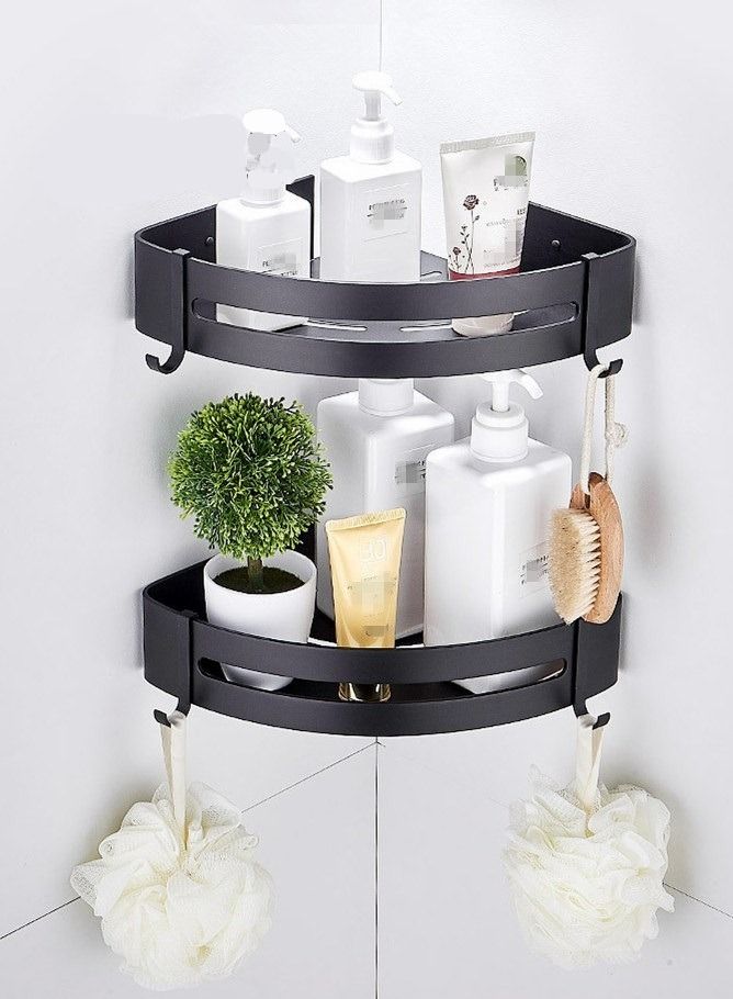 Kutis 2 Pieces Bathroom Shelf Shower Shampoo Soap Organizer Wall Mounts Storage Rack Black 29 x 21 x 4.5 cm - Image 1