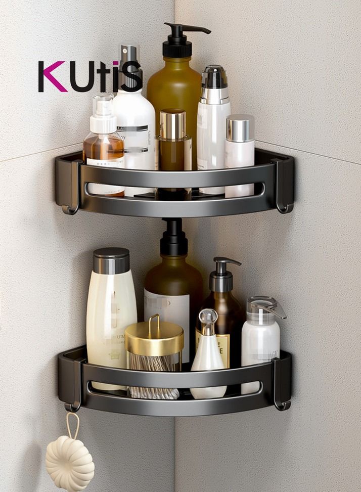 Kutis 2 Pieces Bathroom Shelf Shower Shampoo Soap Organizer Wall Mounts Storage Rack Black 29 x 21 x 4.5 cm - Image 3