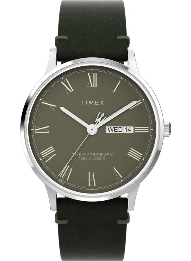 TIMEX ساعة ووتربوري كلاسيك للرجال 40 مم - حزام أخضر قرص أخضر علبة من الفولاذ المقاوم للصدأ - Image 1