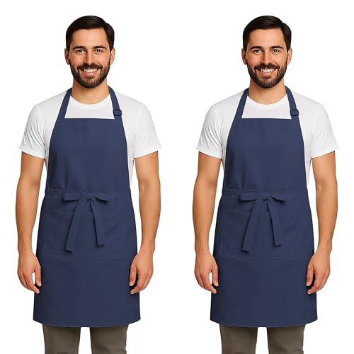 CRASOME Apron for Kitchen | Unisex Cooking Apron with 2 Pockets and Adjustable Straps | Apron for Chef, Hotel, Cafe, Restaurant, Gardening, Workshop (Blue Pack of 2) - Image 1
