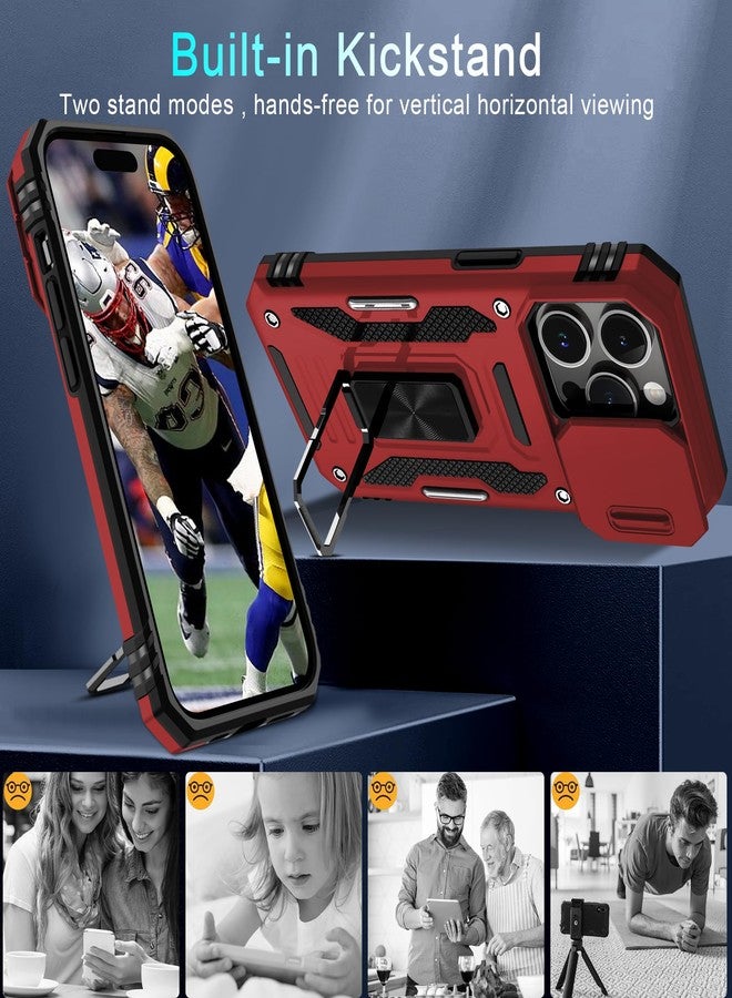 DEERLAMN Case for iPhone 15 Pro with Slide Camera Cover+Screen Protector(1 Pack), Rotated Ring Kickstand Military Grade Shockproof Protective Cover 6.1 Inch-Red - Image 5