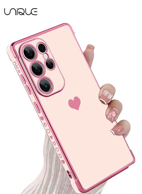 Compatible with Samsung Galaxy S25 Ultra Case - Love Heart Plating Electroplate Luxury Elegant Case Camera Protector Soft TPU Shockproof Protective Back Cover Samsung Galaxy S25 Ultra Case - Pink