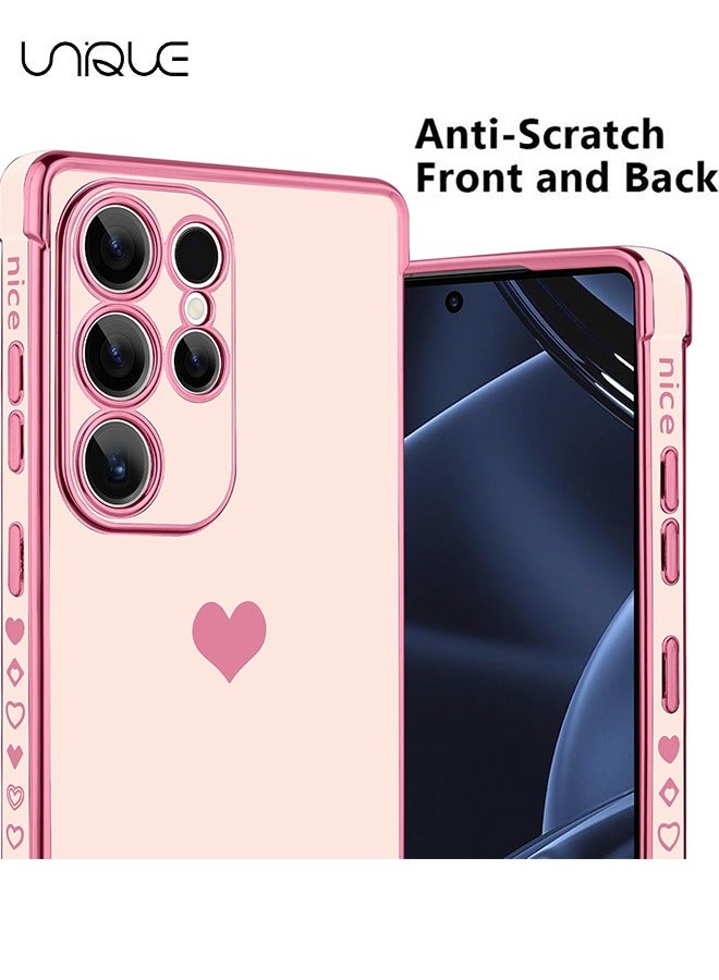 يونيك متوافق مع جراب سامسونج جالاكسي S25 الترا - طلاء القلب الحب بالكهرباء واقي كاميرا فاخر أنيق غطاء خلفي واقي من مادة البولي يوريثان ناعمة مقاومة للصدمات غطاء خلفي سامسونج جالاكسي S25 الترا - وردي - Image 4