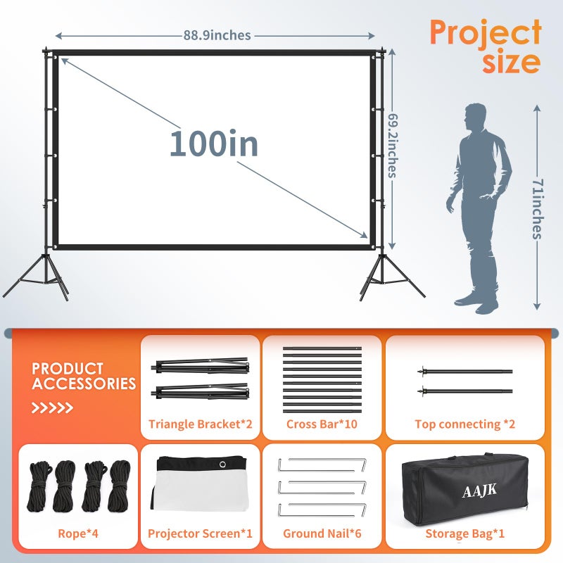 AAJK100-inch Portable Projector Screen with Stand – Elevate Your Outdoor Movie Nights with 4K HD Clarity and Lightweight Convenience - Image 4