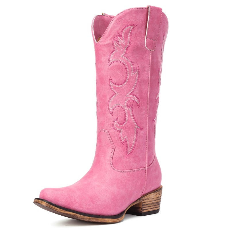Choiran Pink Cowboy Boots for Women - Embroidered Cowgirl Carter Outfits Boots Western Mid Calf Fashion Chunky Heel Pointed Toe Country Boot 8 - Image 4