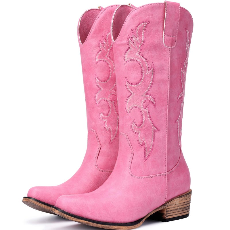 Choiran Pink Cowboy Boots for Women - Embroidered Cowgirl Carter Outfits Boots Western Mid Calf Fashion Chunky Heel Pointed Toe Country Boot 8 - Image 1