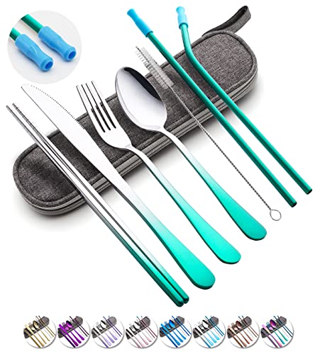 Travel Utensils Set with Case Reusable Portable Cutlery Set Stainless Steel 8pcs Including Dinner Knife Fork Spoon Chopsticks strawsGradient Green