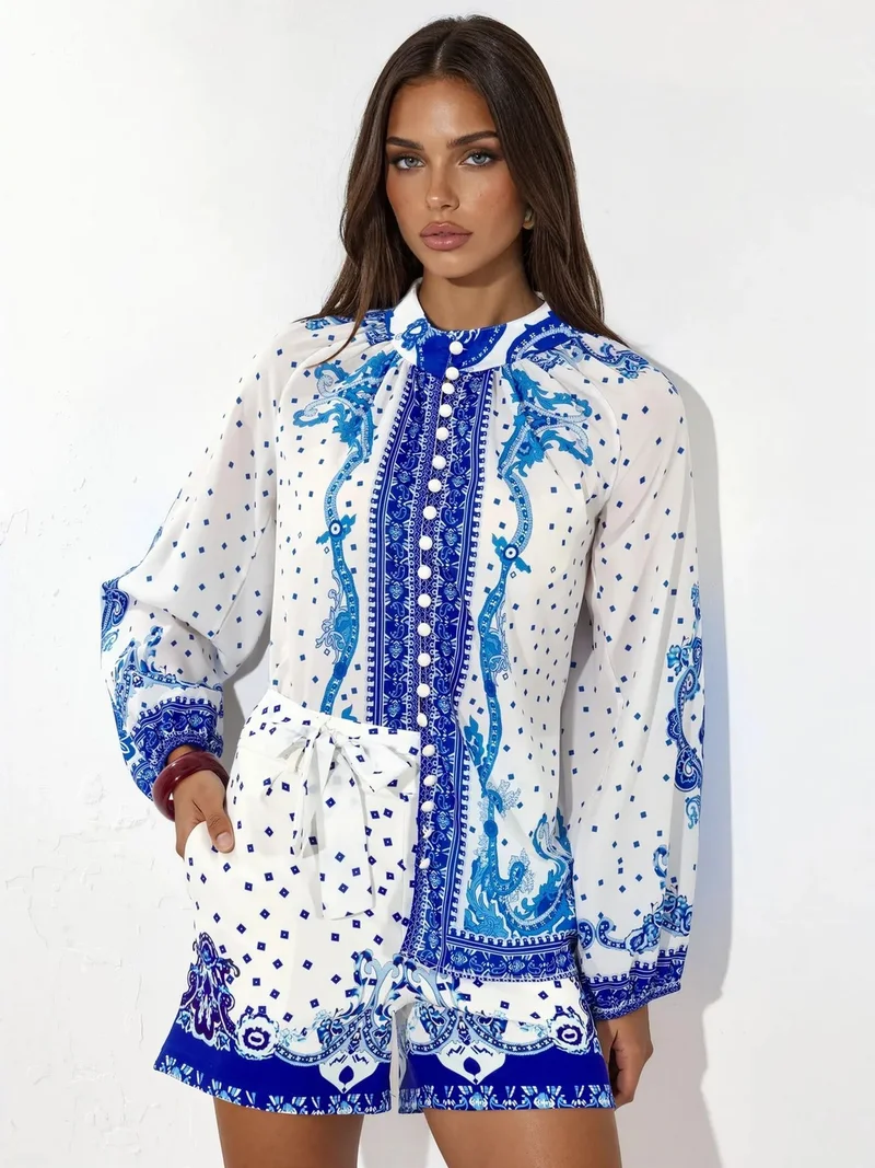 جينيفر Paisley Tie-front Blouse And Shorts Set