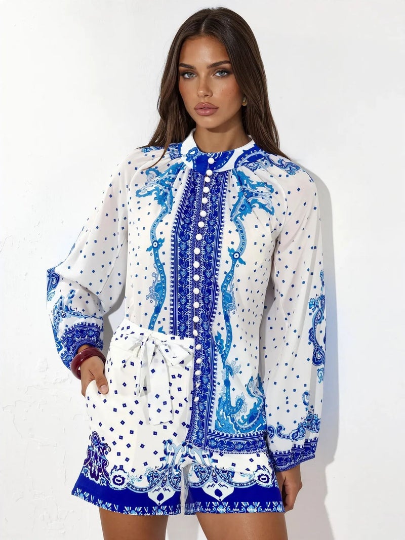 Jennyfer Paisley Tie-front Blouse And Shorts Set - Image 1