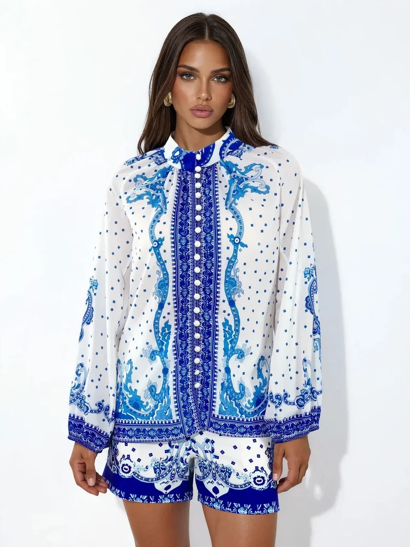 جينيفر Paisley Tie-front Blouse And Shorts Set