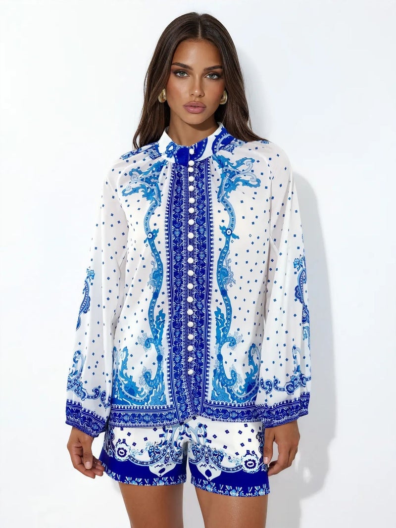 Jennyfer Paisley Tie-front Blouse And Shorts Set - Image 2